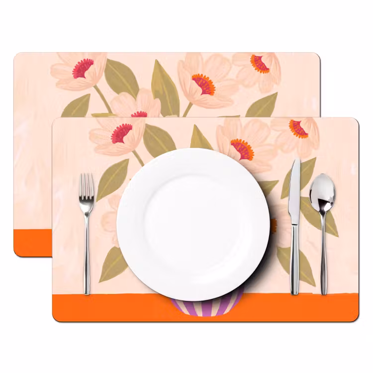 Placemat - 6 stuks - Bloemen - Vaas - Abstract - Paars - Oranje — 2