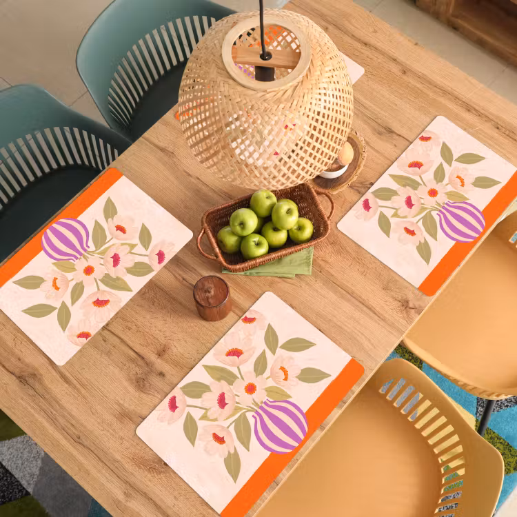 Placemat - 6 stuks - Bloemen - Vaas - Abstract - Paars - Oranje — 6