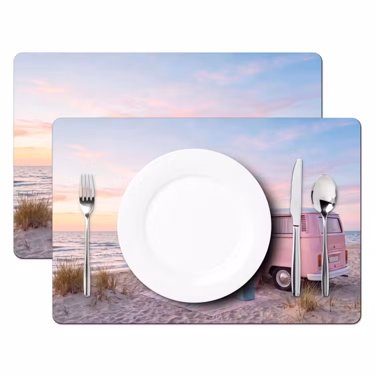 Placemat - 6 stuks - Busje - Strand - Surfplank - Zomer - Roze — 2