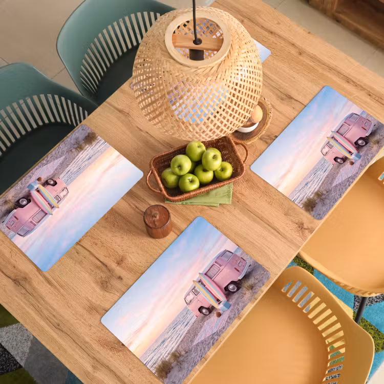 Placemat - 6 stuks - Busje - Strand - Surfplank - Zomer - Roze — 6