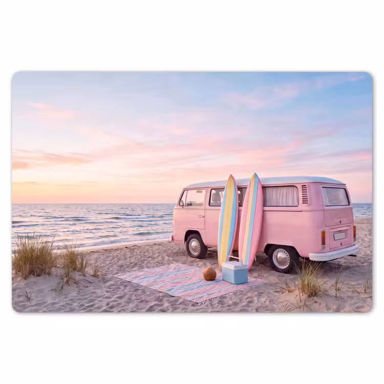 Placemat - 6 stuks - Busje - Strand - Surfplank - Zomer - Roze — 7
