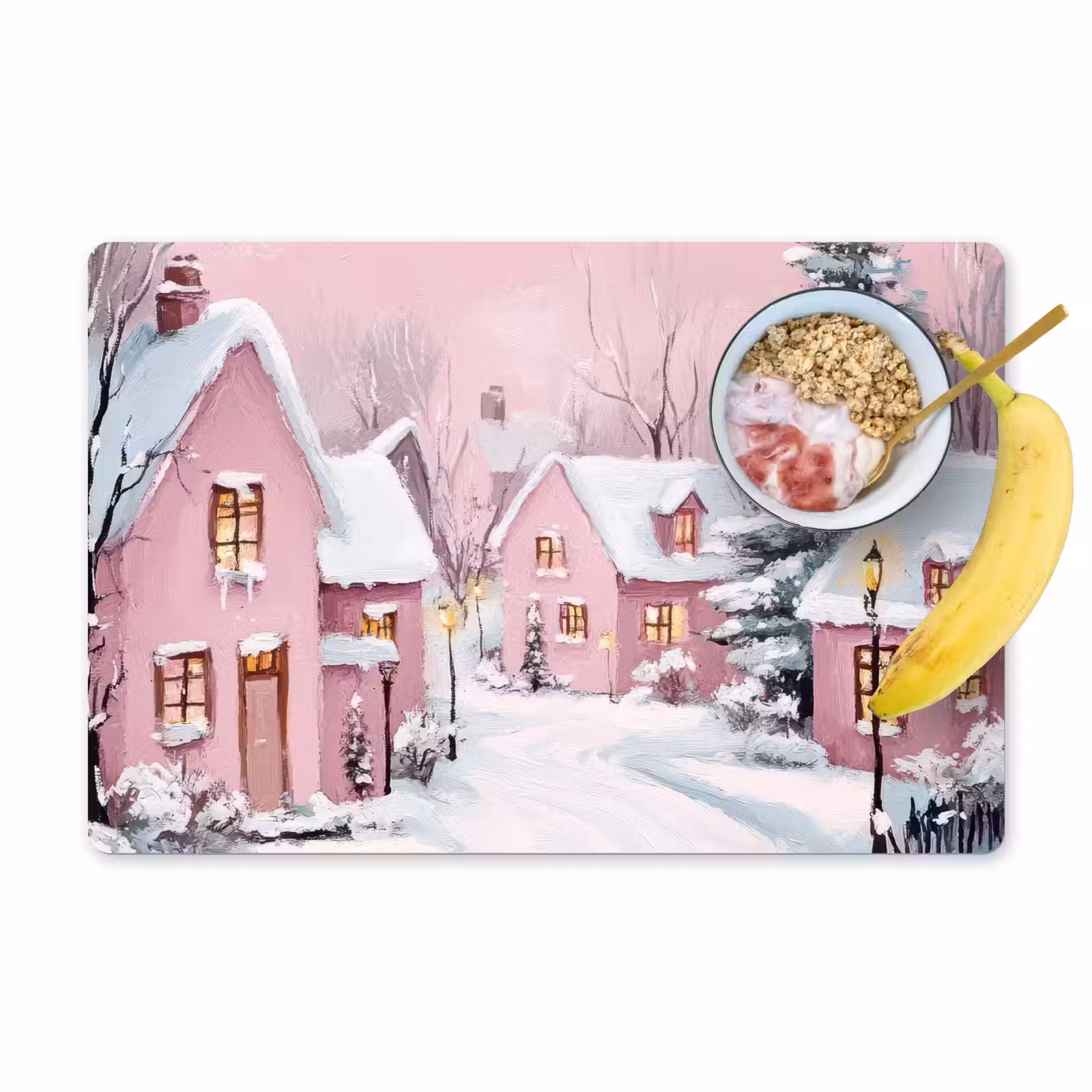 Placemat - 6 stuks - Kerstdorp - Roze - Winter - Sneeuw - Huizen — 1