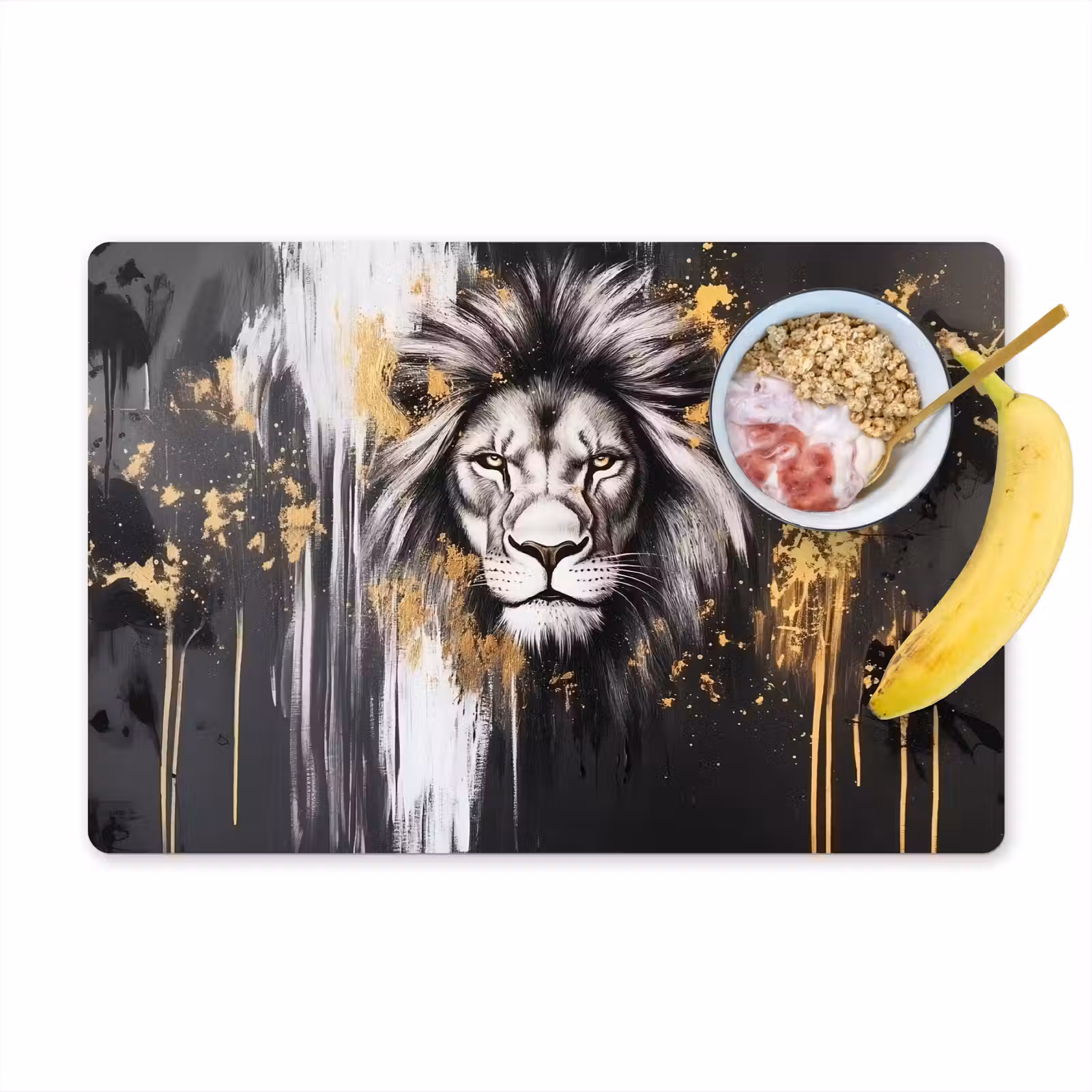 Placemat - 6 stuks - Leeuw - Portret - Verfspatten - Grijs — 1