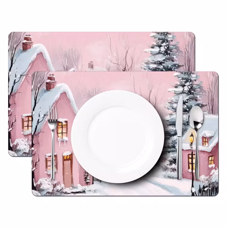 Placemat - 6 stuks - Kerstdorp - Roze - Winter - Sneeuw - Huizen — 2