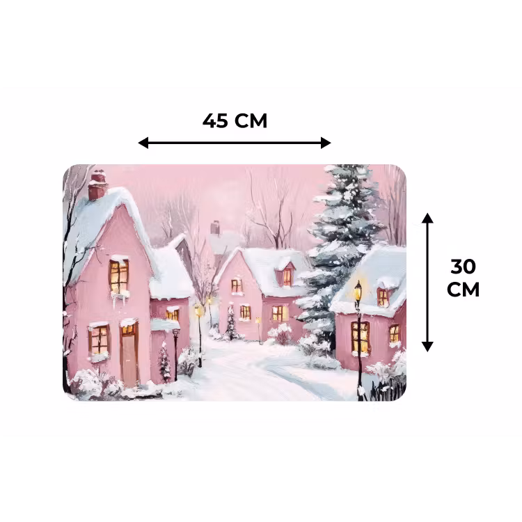 Placemat - 6 stuks - Kerstdorp - Roze - Winter - Sneeuw - Huizen — 3