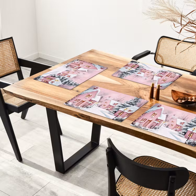 Placemat - 6 stuks - Kerstdorp - Roze - Winter - Sneeuw - Huizen — 5