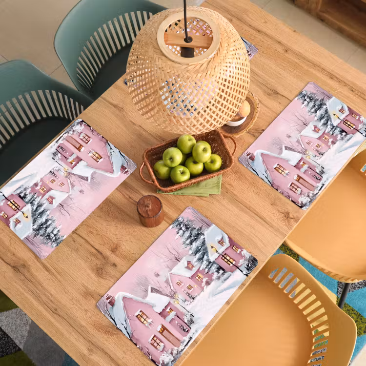 Placemat - 6 stuks - Kerstdorp - Roze - Winter - Sneeuw - Huizen — 6