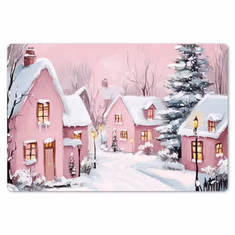 Placemat - 6 stuks - Kerstdorp - Roze - Winter - Sneeuw - Huizen — 7