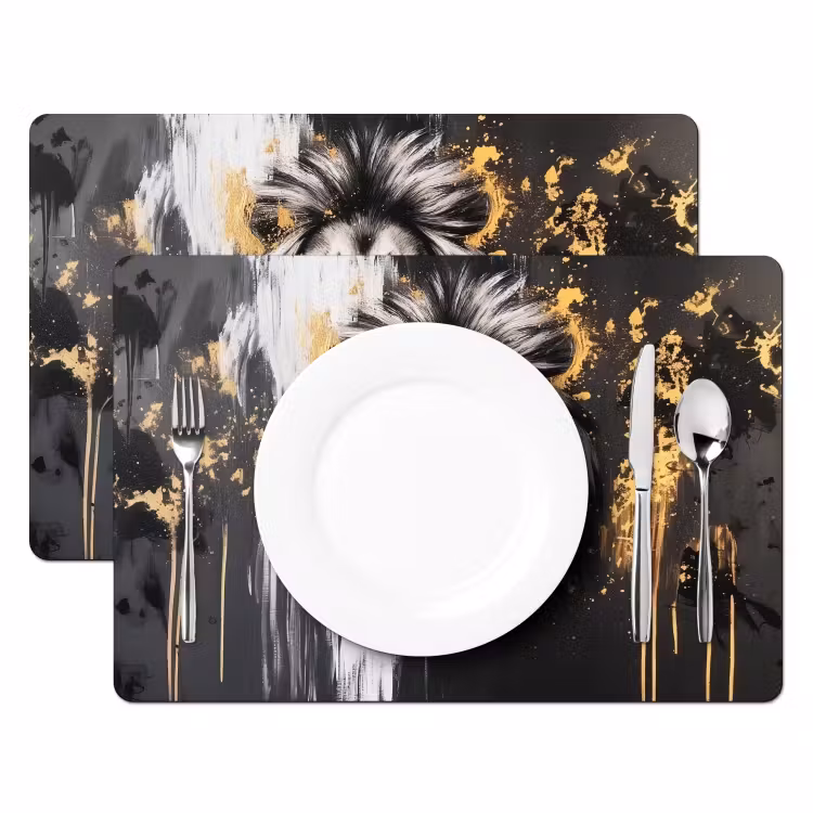 Placemat - 6 stuks - Leeuw - Portret - Verfspatten - Grijs — 2