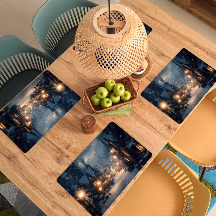 Placemat - 6 stuks - Winterdorp - Sneeuw - Donker — 6