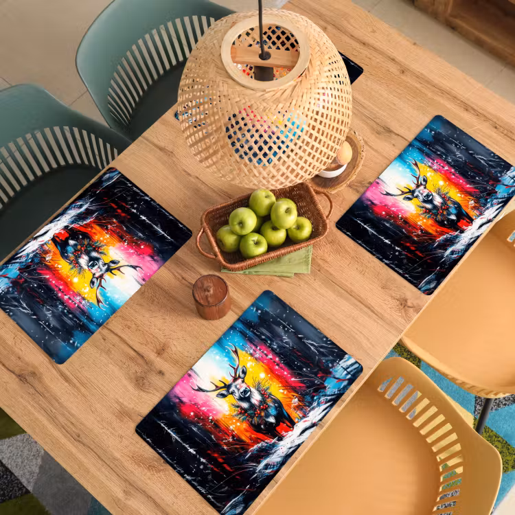 Placemat - 6 stuks - Rendier - Gewei - Krans - Kleurrijk — 6