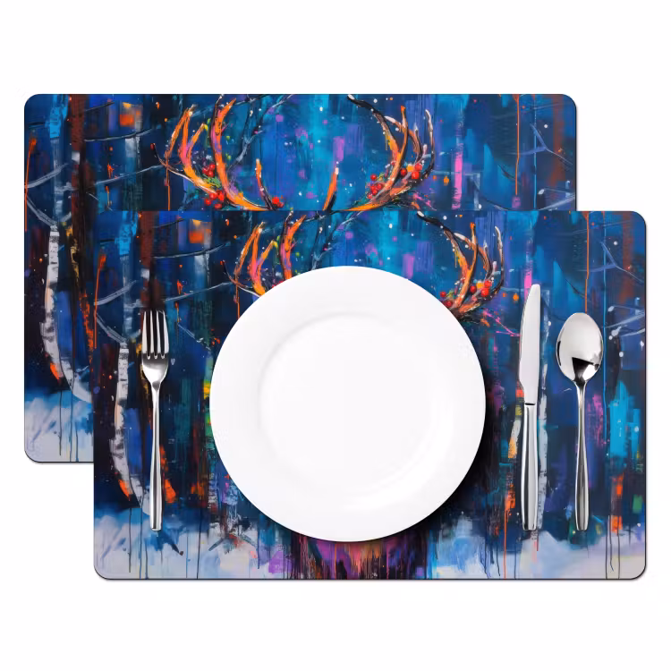 Placemat - 6 stuks - Rendier - Krans - Sprookjesachtig - Blauw — 2
