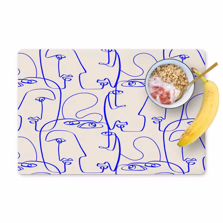 Placemat - 6 stuks - Gezicht - Blauw - Lijnen - Beige — 1