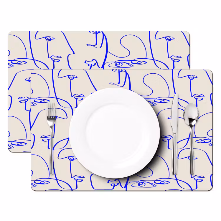 Placemat - 6 stuks - Gezicht - Blauw - Lijnen - Beige — 2