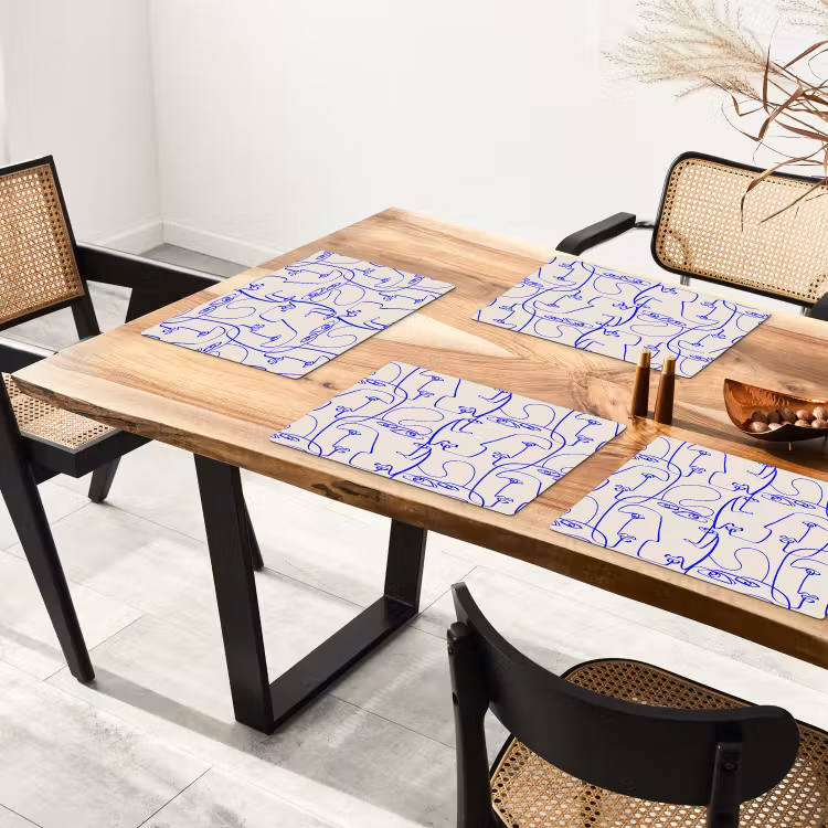 Placemat - 6 stuks - Gezicht - Blauw - Lijnen - Beige — 5