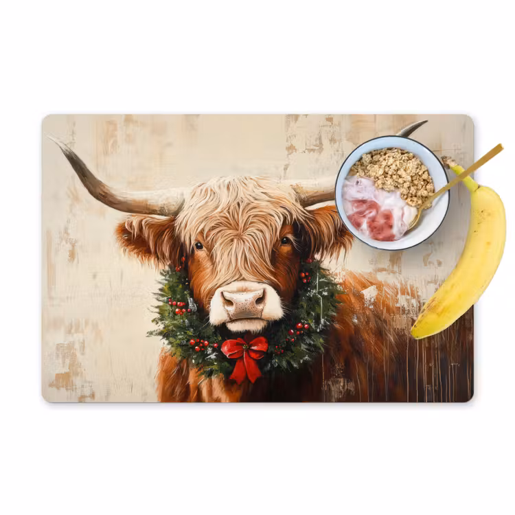 Placemat - 6 stuks - Kerst - Schotse Hooglander - Bruin - Krans — 1