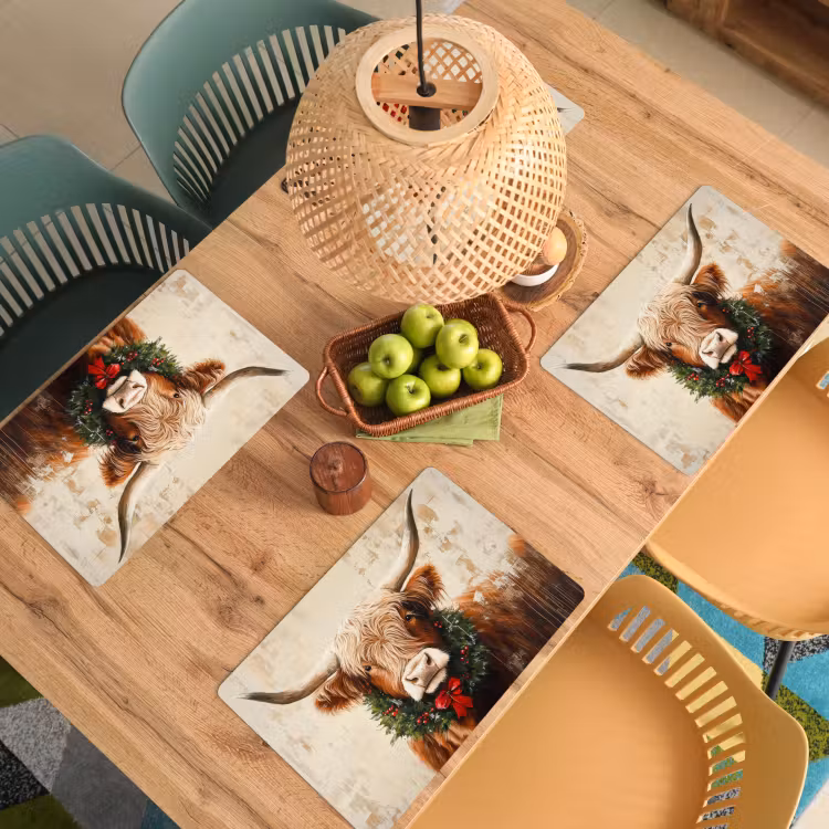 Placemat - 6 stuks - Kerst - Schotse Hooglander - Bruin - Krans — 6