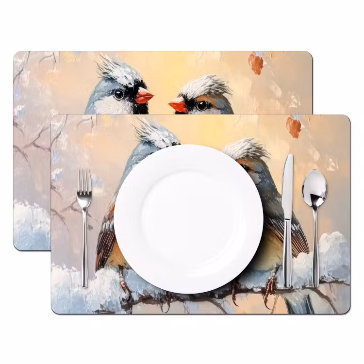 Placemat - 6 stuks - Vogels - Tak - Winter - Sneeuw — 2