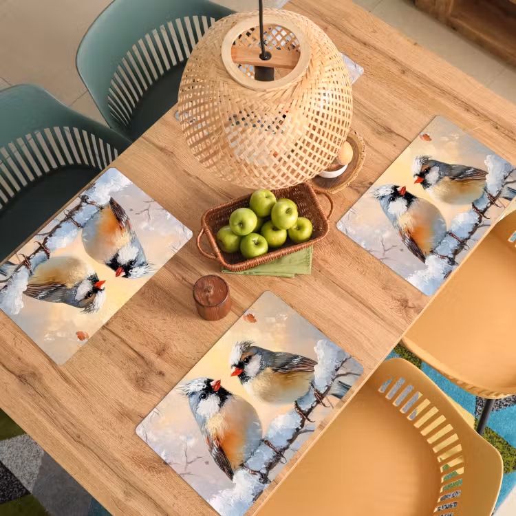 Placemat - 6 stuks - Vogels - Tak - Winter - Sneeuw — 6