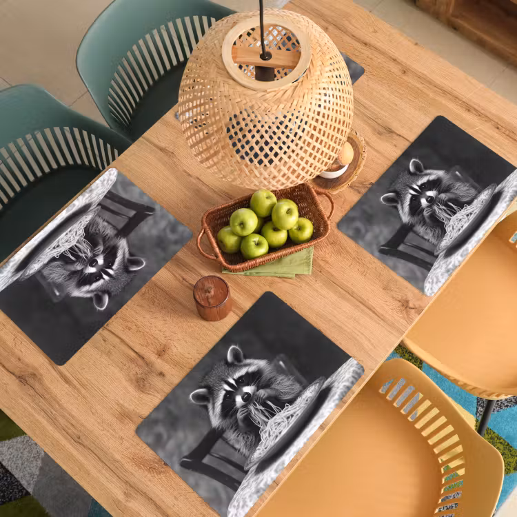 Placemat - 6 stuks - Wasbeer - Cute - Pasta - Tafelkleed - Zwart - Wit — 6