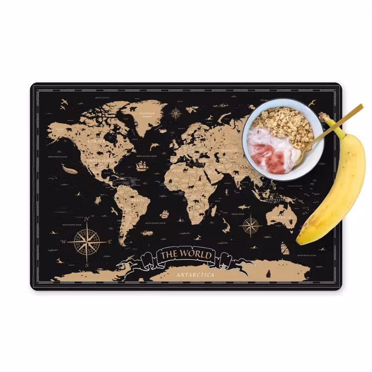 Placemat - 6 stuks - Wereldkaart - Beige - Zwart — 1