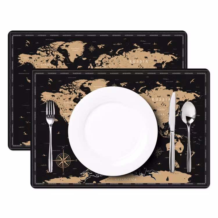 Placemat - 6 stuks - Wereldkaart - Beige - Zwart — 2