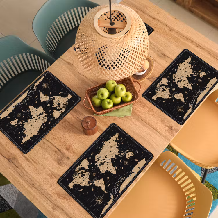 Placemat - 6 stuks - Wereldkaart - Beige - Zwart — 6