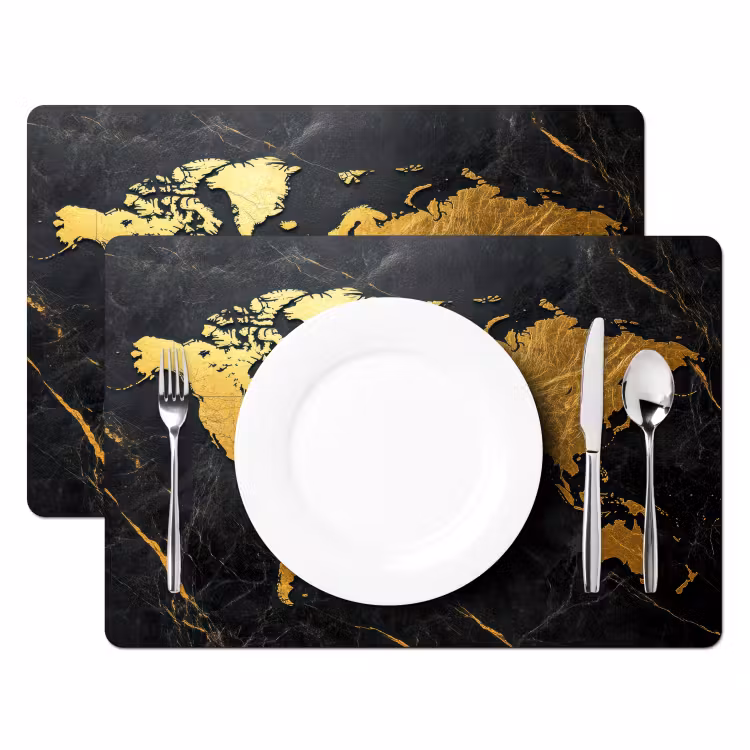 Placemat - 6 stuks - Wereldkaart - Goud - Marmer — 2