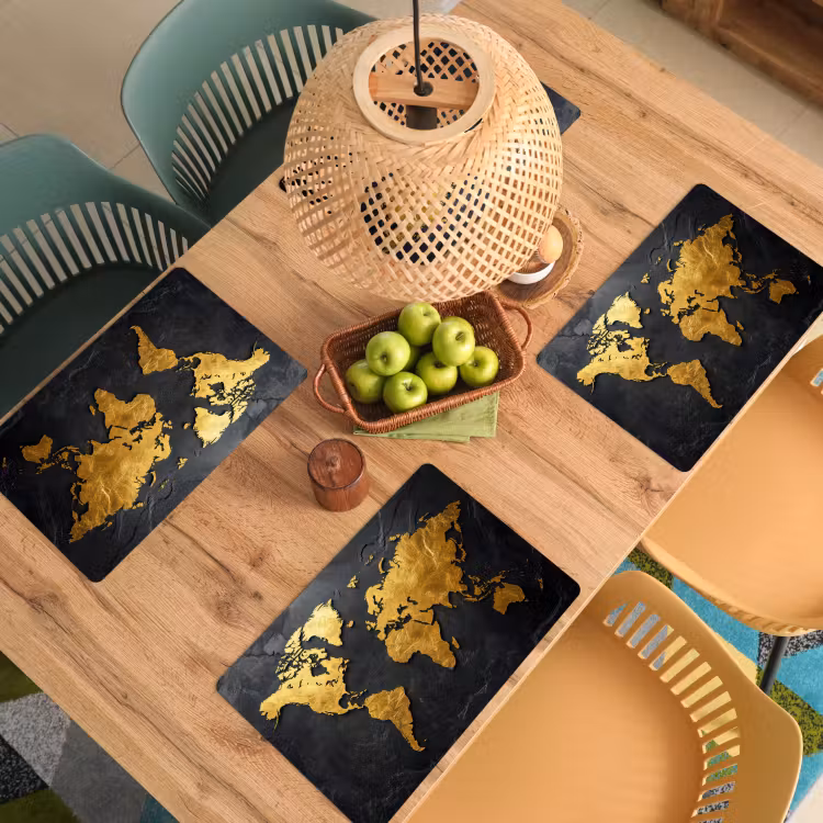 Placemat - 6 stuks - Wereldkaart - Goud - Steen — 6