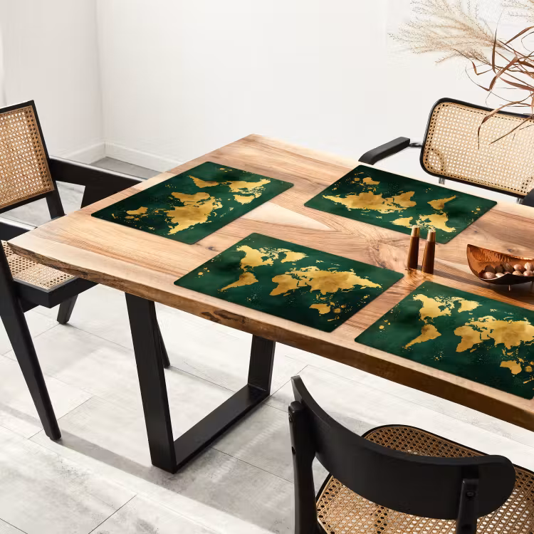 Placemat - 6 stuks - Wereldkaart - Groen - Goud — 5