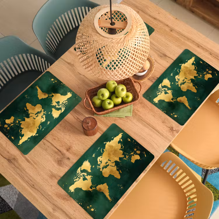 Placemat - 6 stuks - Wereldkaart - Groen - Goud — 6