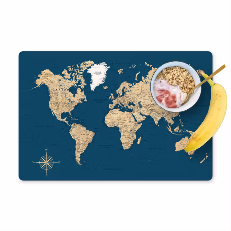 Placemat - 6 stuks - Wereldkaart - Donkerblauw - Beige — 1