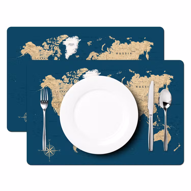 Placemat - 6 stuks - Wereldkaart - Donkerblauw - Beige — 2