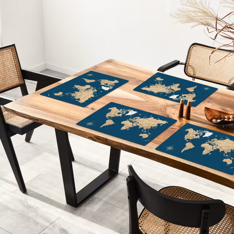Placemat - 6 stuks - Wereldkaart - Donkerblauw - Beige — 5