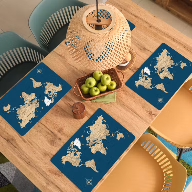 Placemat - 6 stuks - Wereldkaart - Donkerblauw - Beige — 6