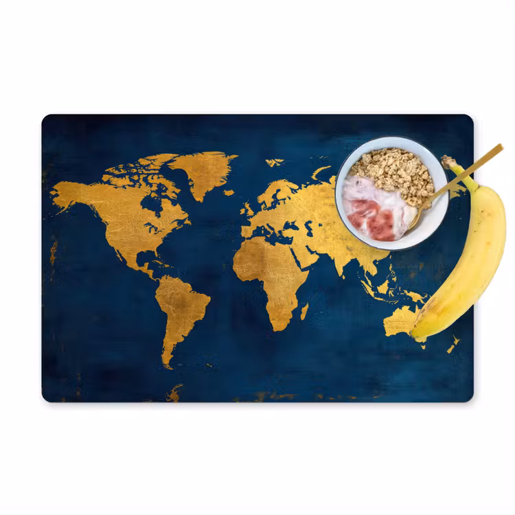 Placemat - 6 stuks - Wereldkaart - Goud - Donkerblauw — 1