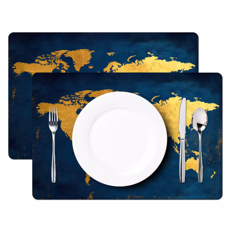 Placemat - 6 stuks - Wereldkaart - Goud - Donkerblauw — 2
