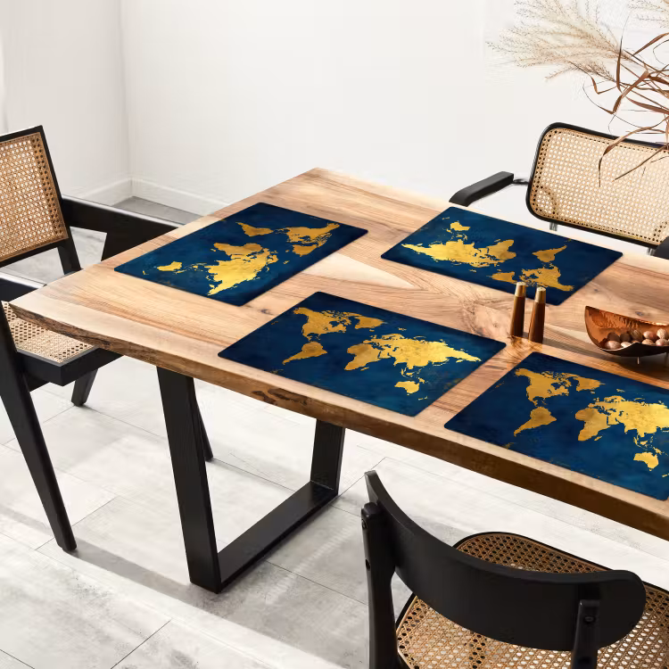 Placemat - 6 stuks - Wereldkaart - Goud - Donkerblauw — 5