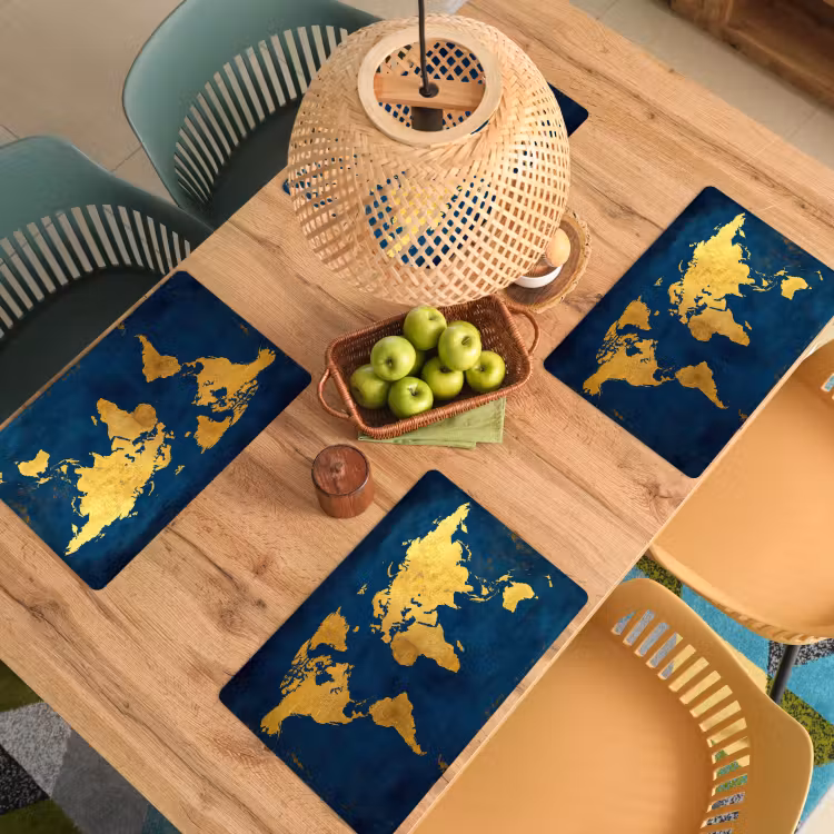 Placemat - 6 stuks - Wereldkaart - Goud - Donkerblauw — 6