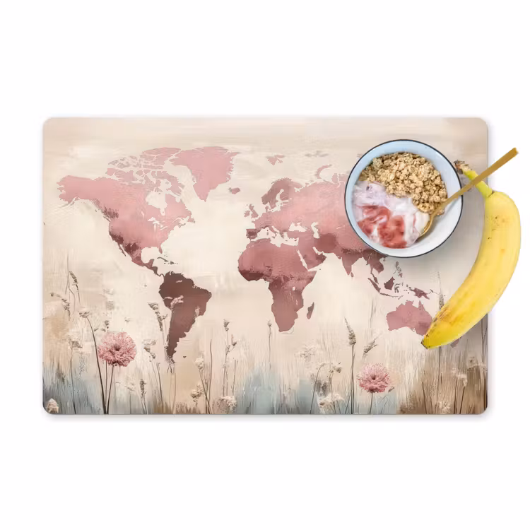 Placemat - 6 stuks - Wereldkaart - Roze - Bloemen — 1