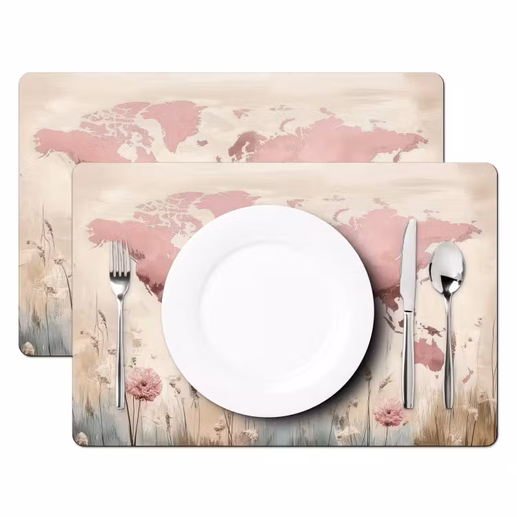 Placemat - 6 stuks - Wereldkaart - Roze - Bloemen — 2