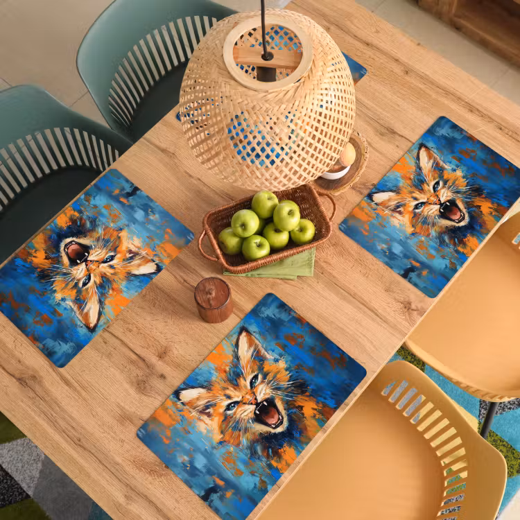 Placemat - 6 stuks - Kat - Kleurrijk - Oranje - Blauw — 6