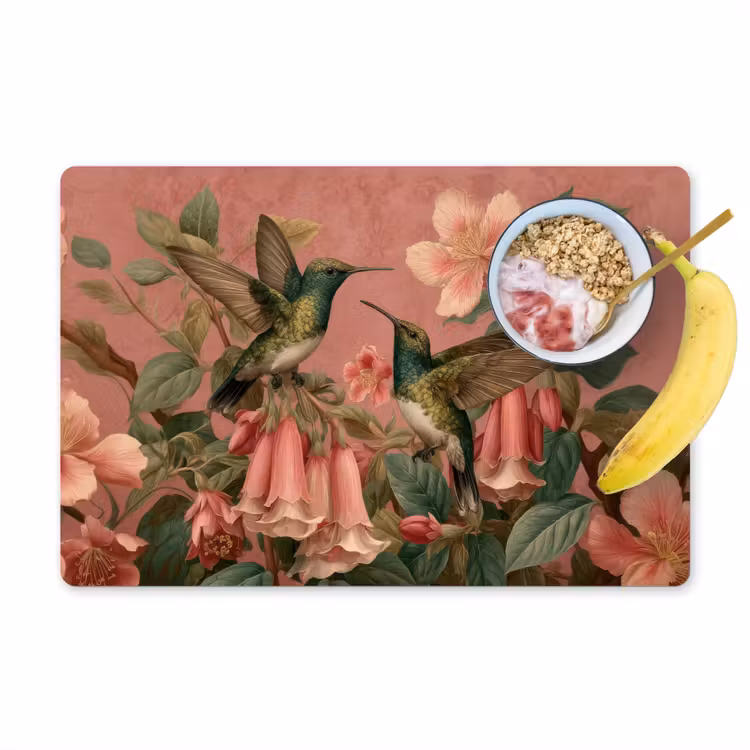 Placemat - 6 stuks - Kolibries - Bloemen - Groen - Roze — 1
