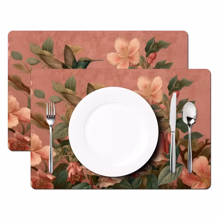 Placemat - 6 stuks - Kolibries - Bloemen - Groen - Roze — 2