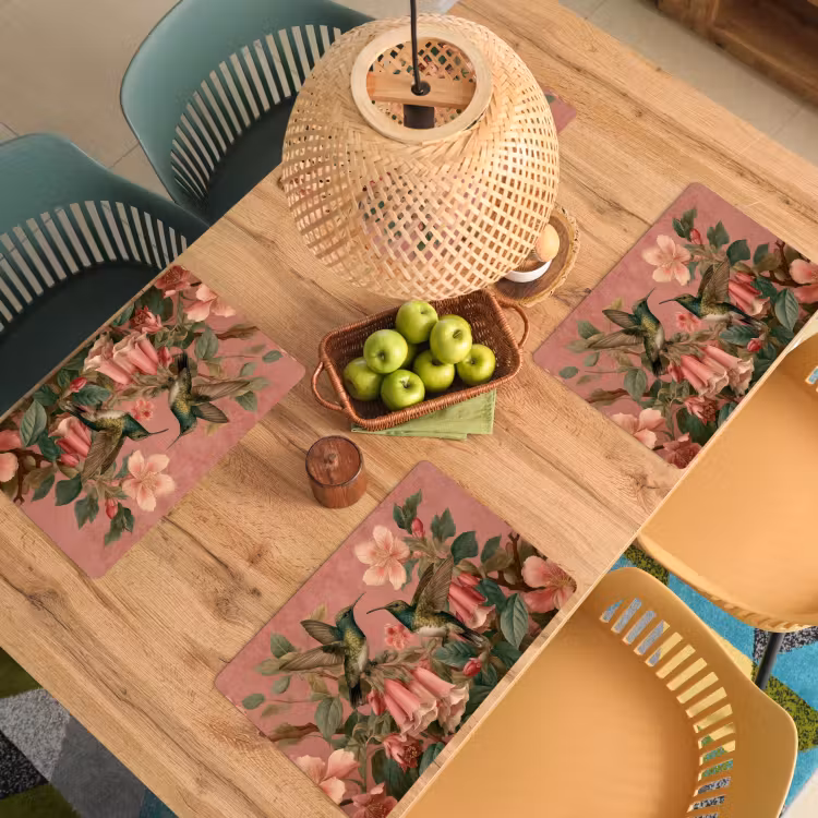 Placemat - 6 stuks - Kolibries - Bloemen - Groen - Roze — 6