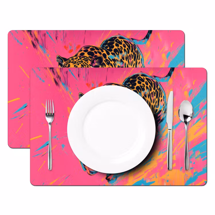 Placemat - 6 stuks - Luipaard - Roze - Oranje - Blauw - Verf — 2