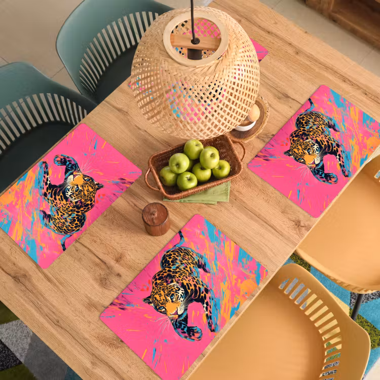 Placemat - 6 stuks - Luipaard - Roze - Oranje - Blauw - Verf — 6