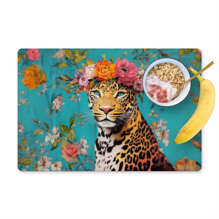 Placemat - 6 stuks - Luipaard - Bloemen - Kroon — 1