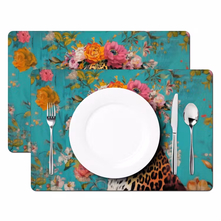 Placemat - 6 stuks - Luipaard - Bloemen - Kroon — 2