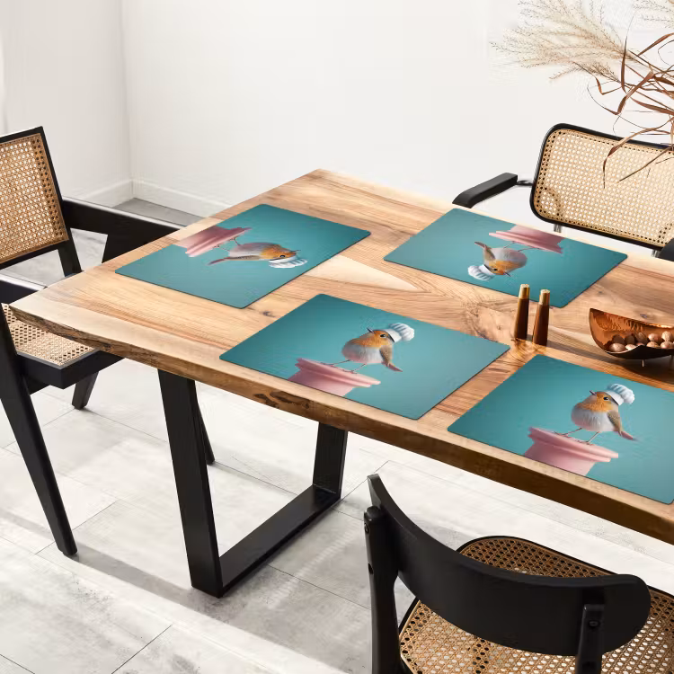 Placemat - 6 stuks - Roodborstje - Vogel - Koksmuts - Sokkel — 5